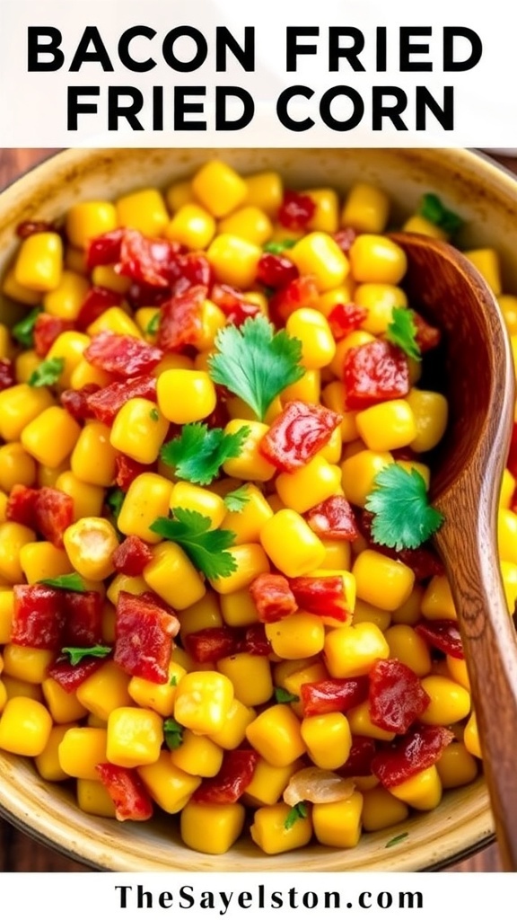 A bowl of bacon fried corn with crispy bacon bits and fresh parsley, set in a cozy kitchen.